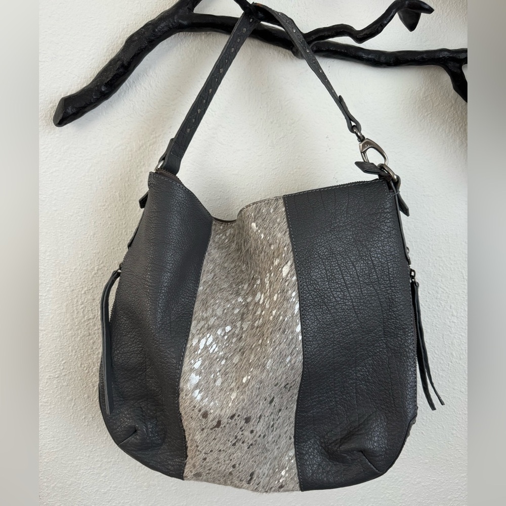 Bella by Sharif Gray Leather Hobo Bag with Cowhide Detail